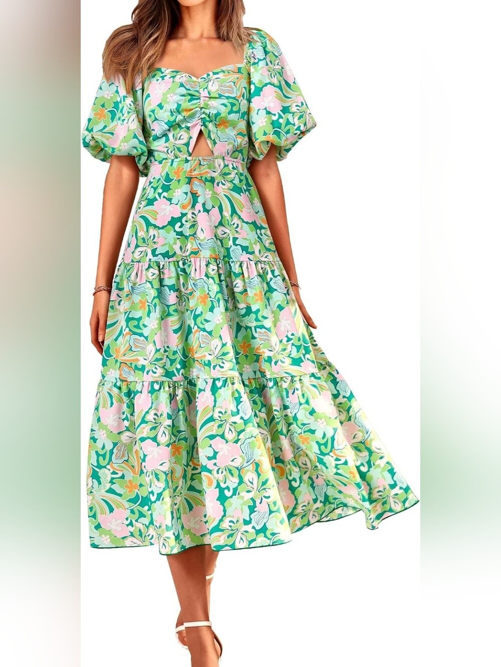 BTFBM Summer Floral Maxi Dress Puff Sleeve Soft Lining Boho Summer Size Medium